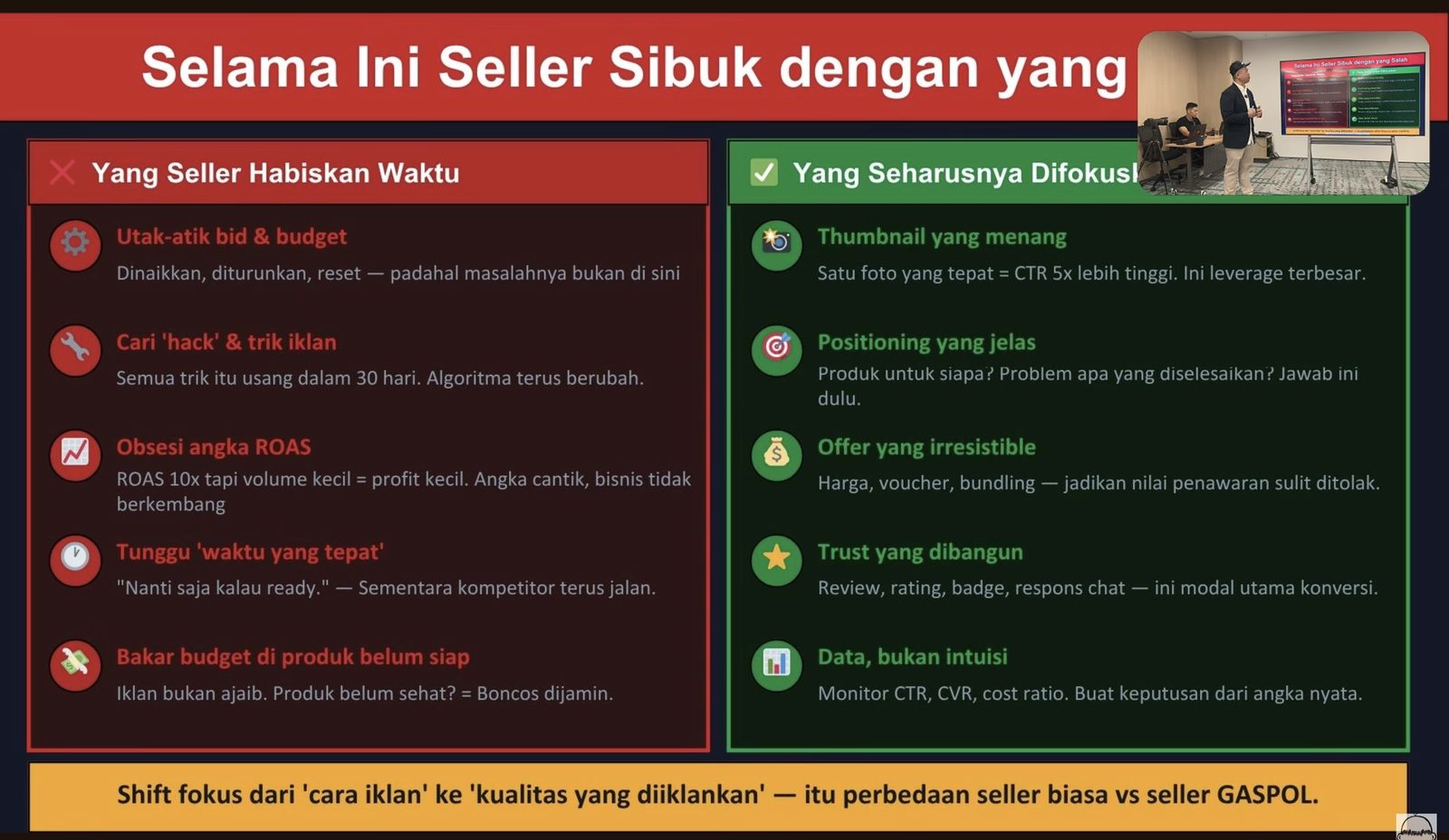 Perbandingan fokus seller, dari utak-atik bid dan cari trik iklan ke thumbnail yang menang, positioning jelas, offer kuat, trust, dan keputusan berbasis data